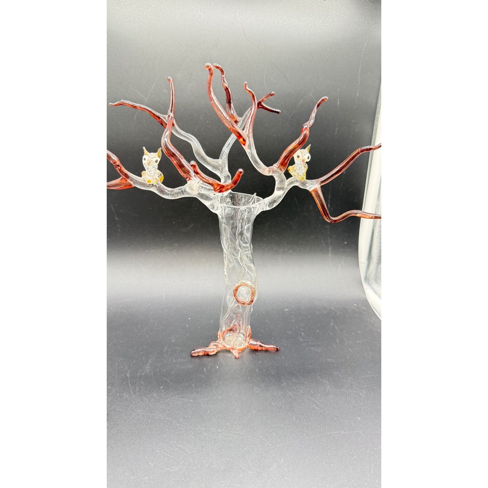 Handblown Art Glass Tree Sculpture with Two Owls Amber Clear Textured Trunk
